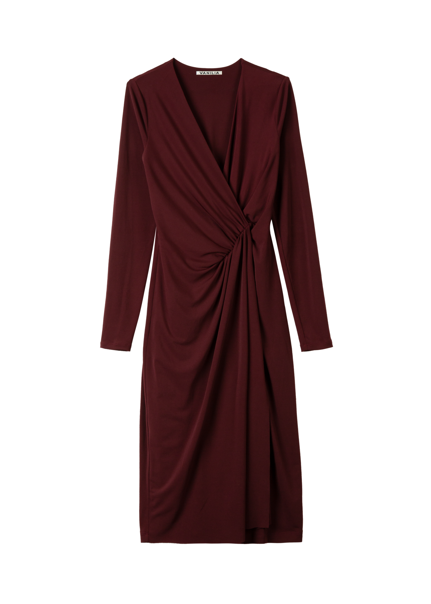 Pamflet etiket Kers Crepe jurk met drapering bordeaux rood | Bestel bij Vanilia.com