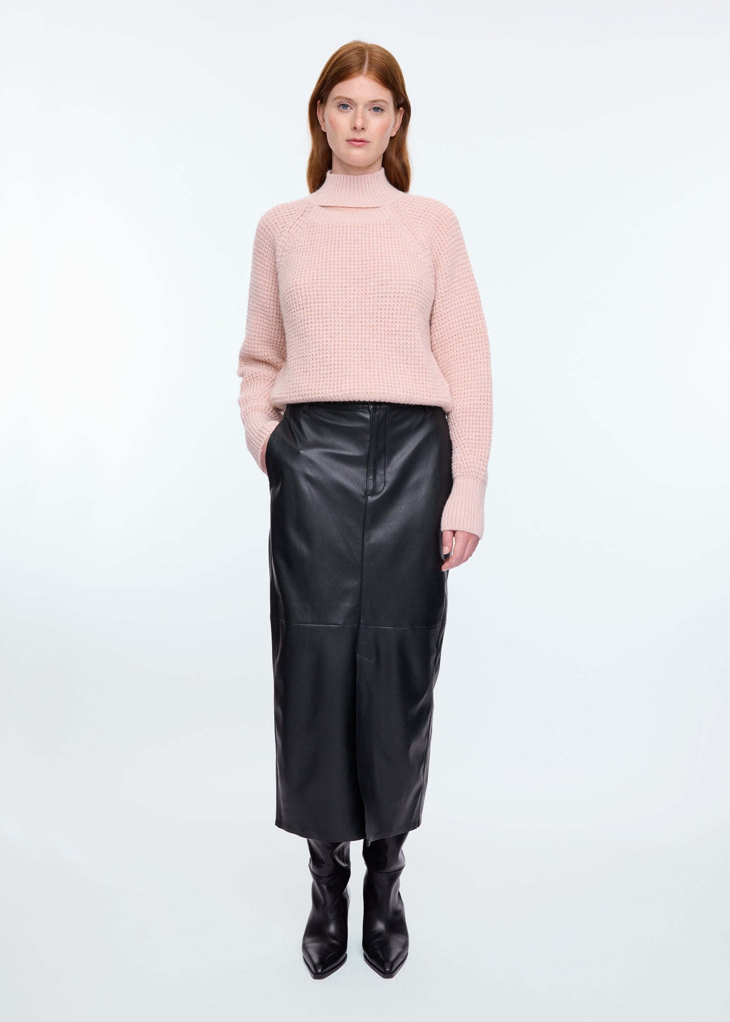 Vanilia Rose Dust knitted sweater with long leather skirt and Toral boots