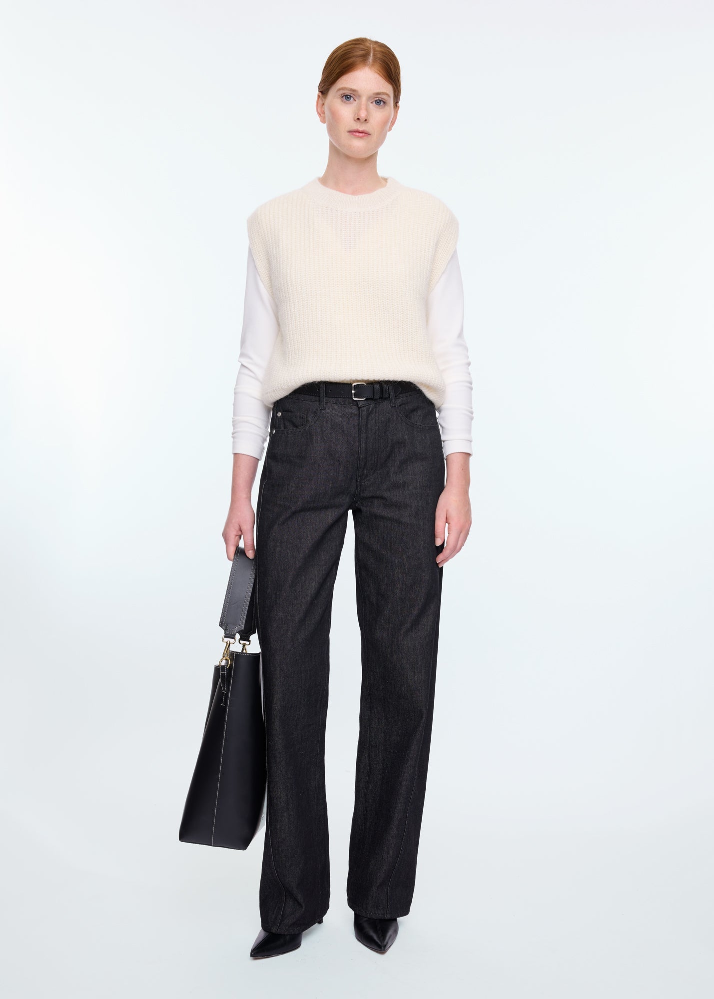 Vanilia Rib Spencer over white top and black straight pants