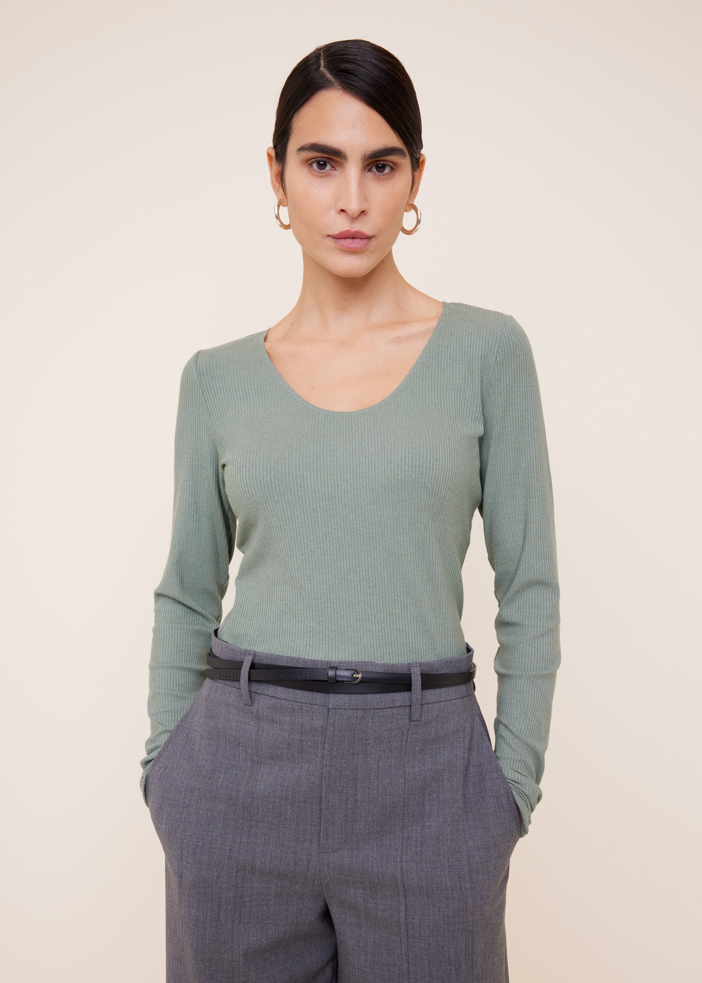 Tricot ribbed long-sleeved top