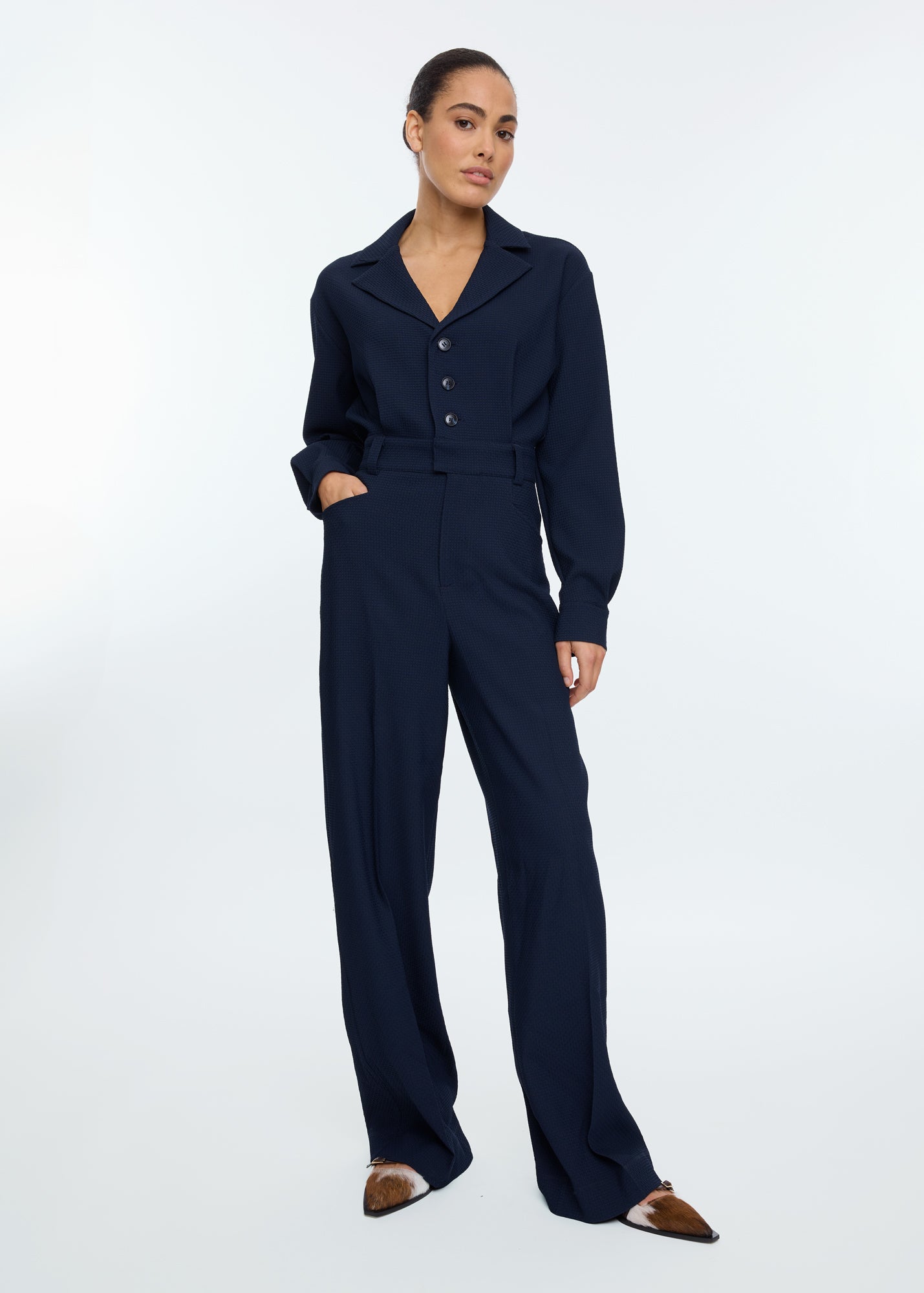 Lapel waffle jumpsuit